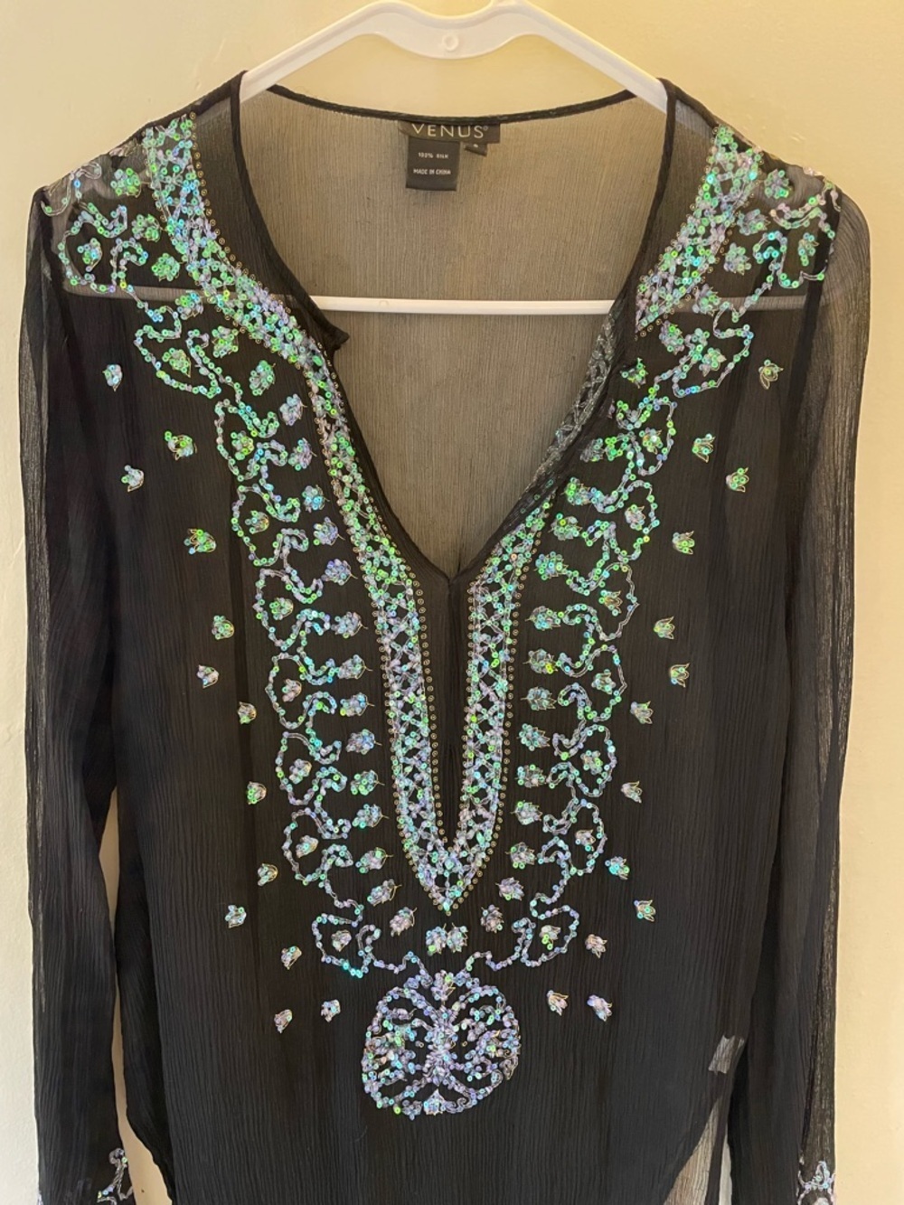VENUS Black LongSleeve Embellished 100% Silk Y2K Top Tunic Beach Summer Cover - Picture 12 of 16